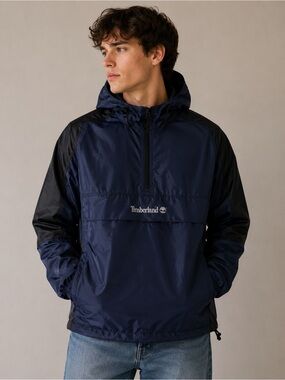 Timberland Pullover Anorak Jacket Mens L Blue Black Hooded Windbreaker Packable